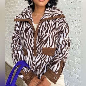 Brown and white zebra jacket with collar